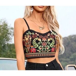 SHEIN CURVE Black Elephant Floral Crop Cami Top Plus Size 1X